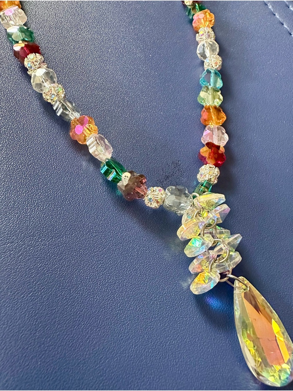 Hand Crafted Multicolor Crystal Beaded Necklace with Iridescent Teardrop